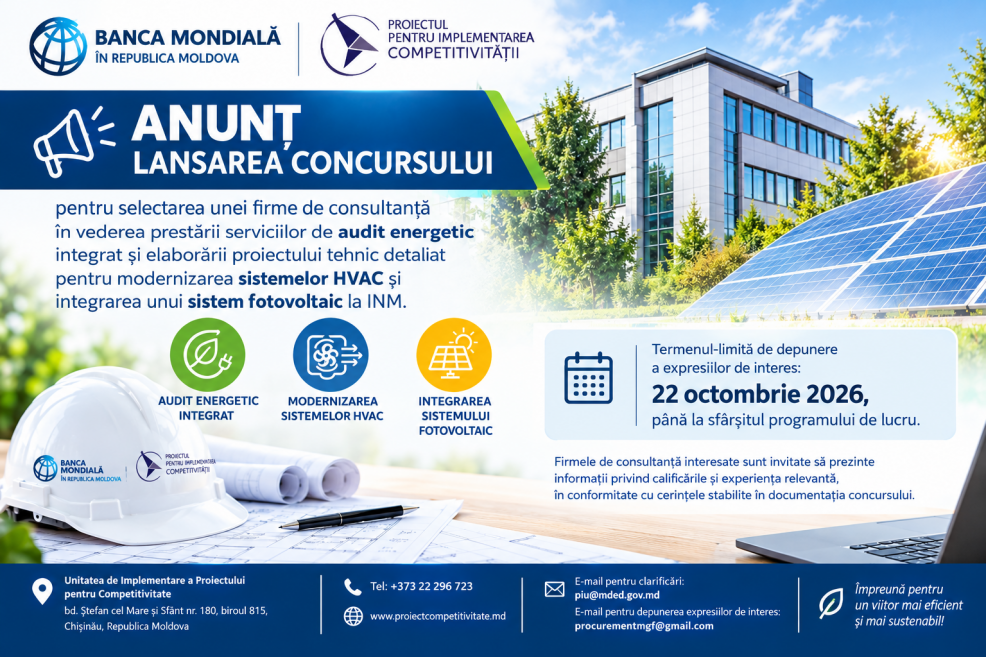 ANUNȚ PRIVIND LANSAREA CONCURSULUI DE SELECTARE A UNEI FIRME DE CONSULTANȚĂ PENTRU AUDIT ENERGETIC ȘI MODERNIZAREA SISTEMELOR HVAC ALE INM